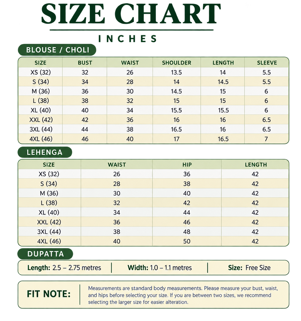 Size Chart Inches