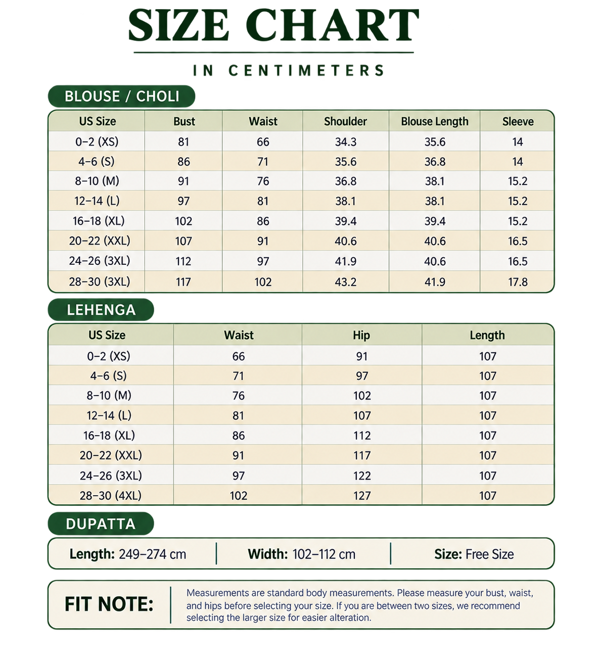 Size Chart CM