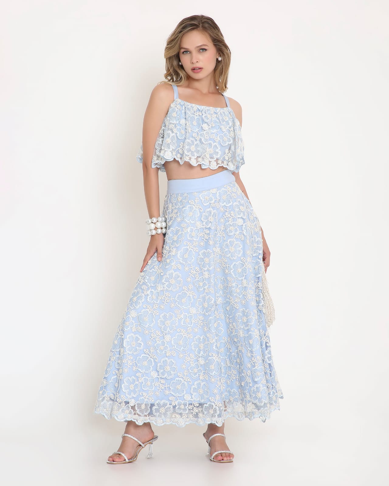 Powder Blue Floral Lace Co-ord Set