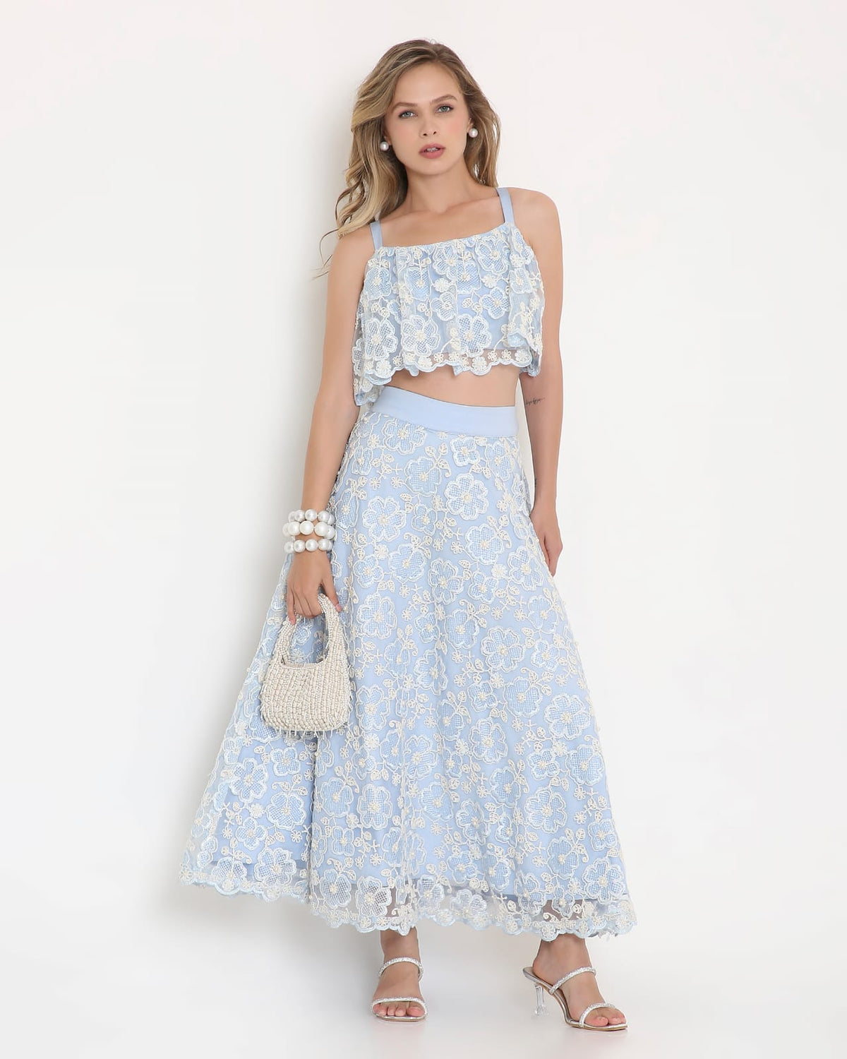Powder Blue Floral Lace Co-ord Set