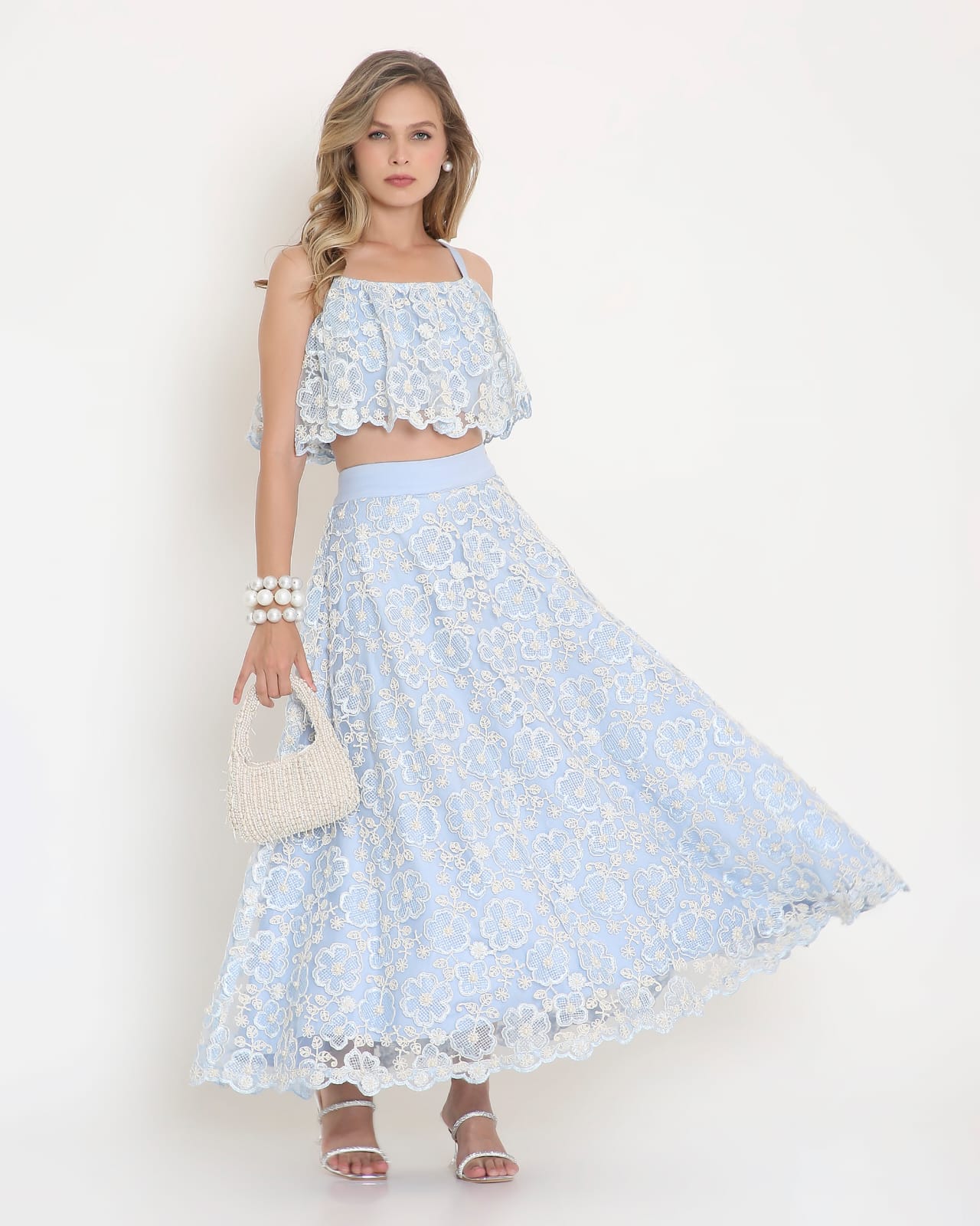 Powder Blue Floral Lace Co-ord Set