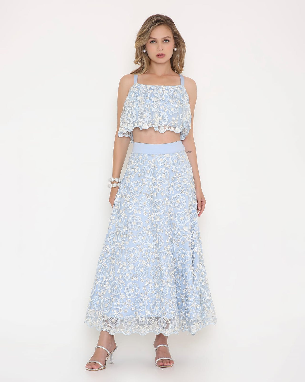 Powder Blue Floral Lace Co-ord Set