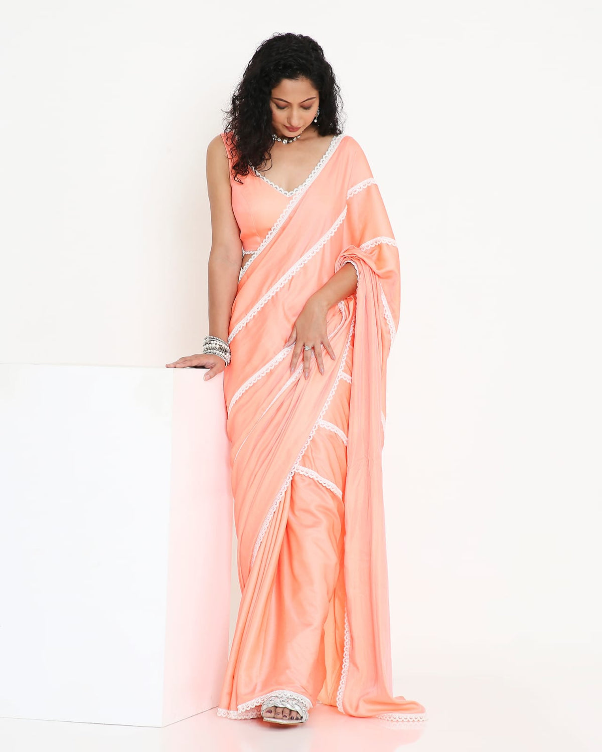 Peach Lace-Trim Ready-to-Wear Saree