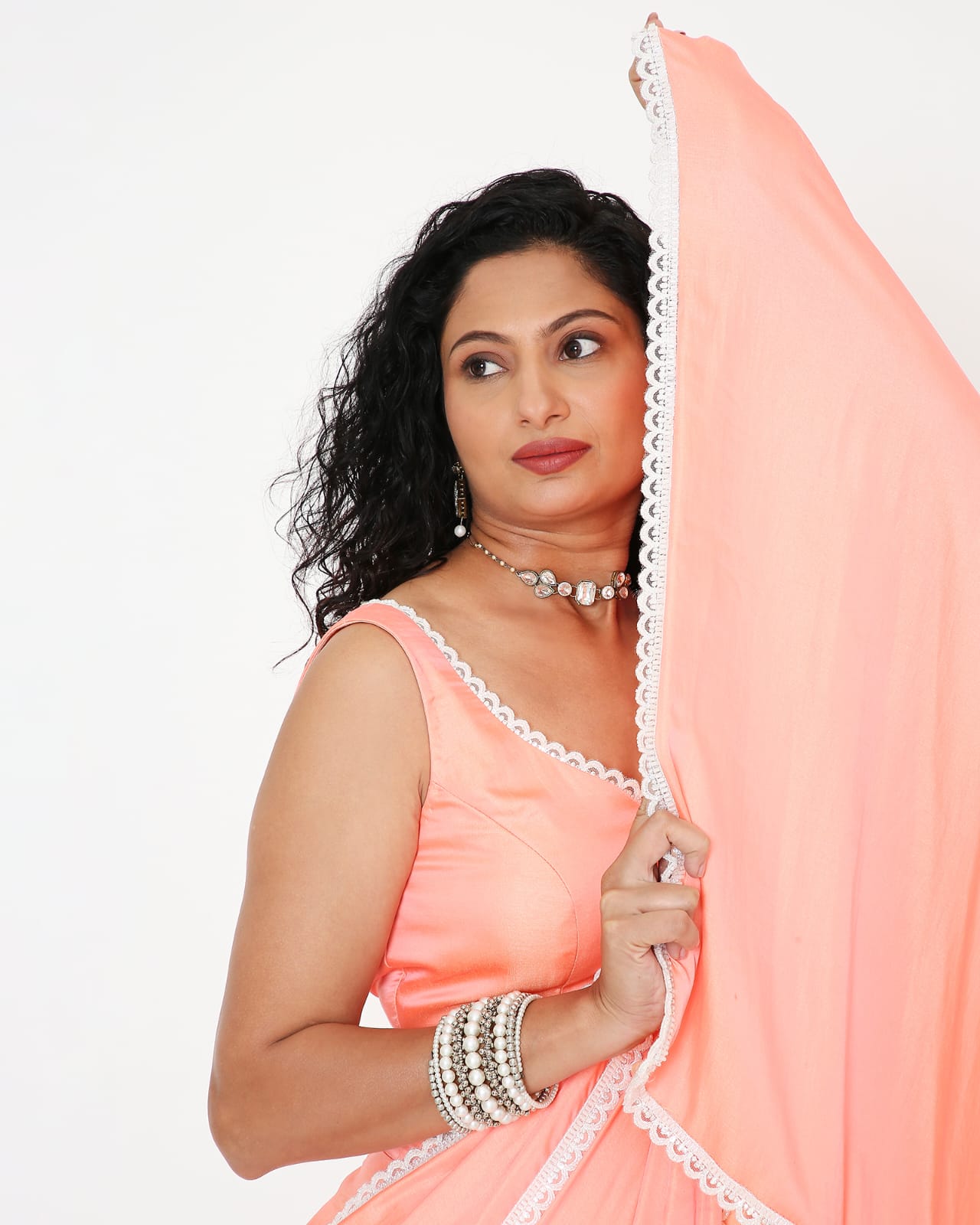 Peach Lace-Trim Ready-to-Wear Saree