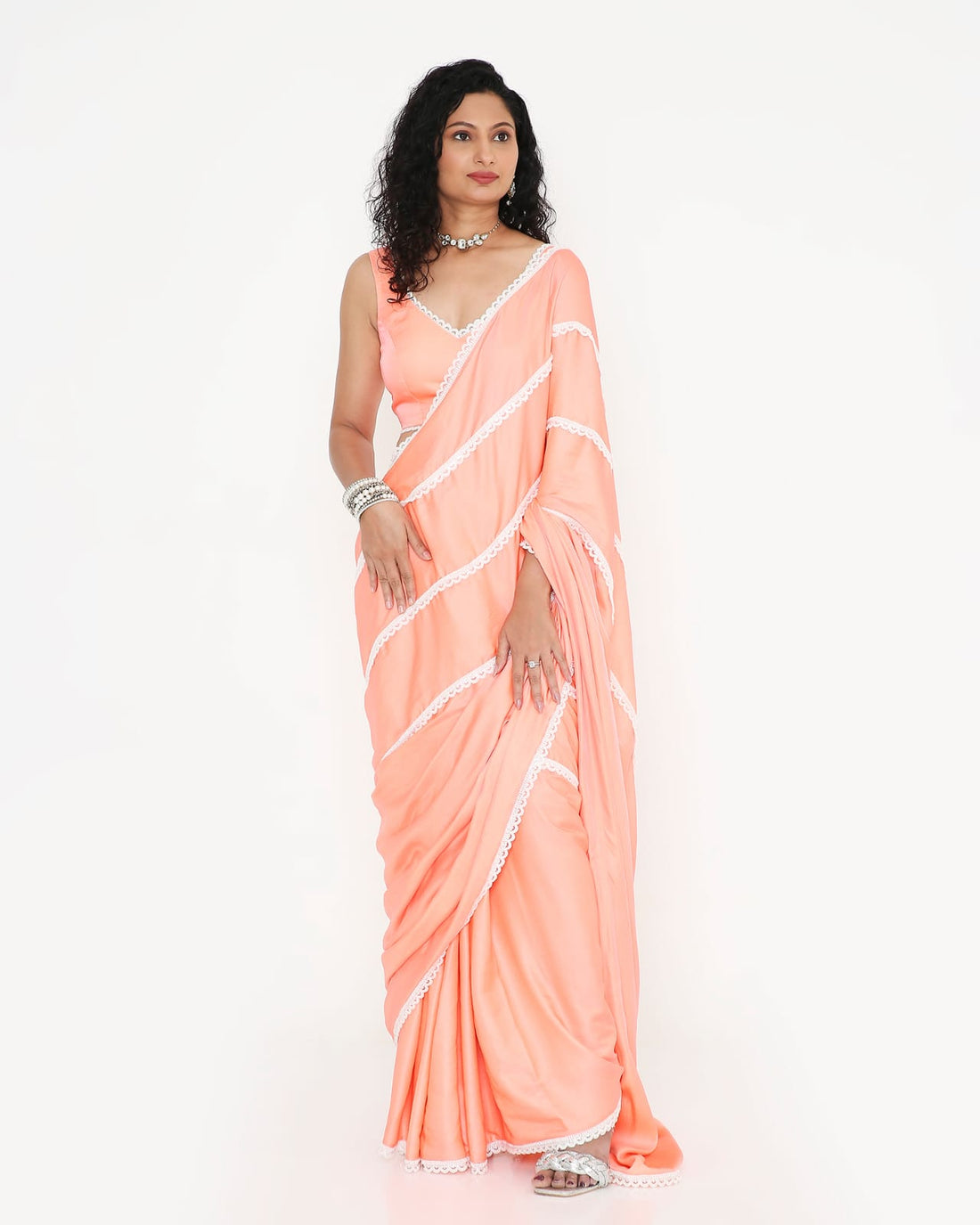 Peach Lace-Trim Ready-to-Wear Saree