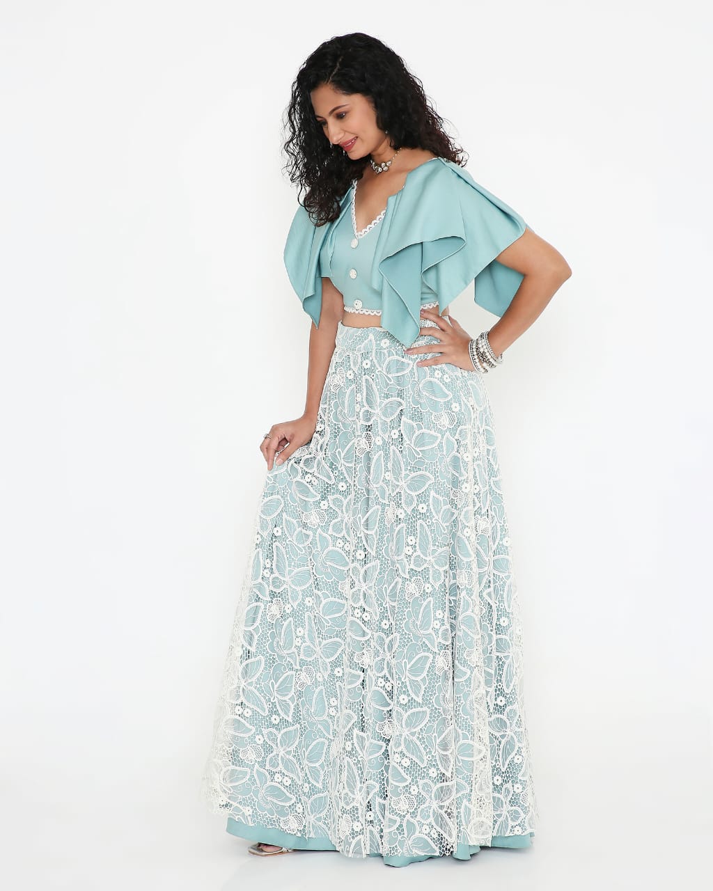 Dusty Blue Lace Flutter-Sleeve Co-ord Set