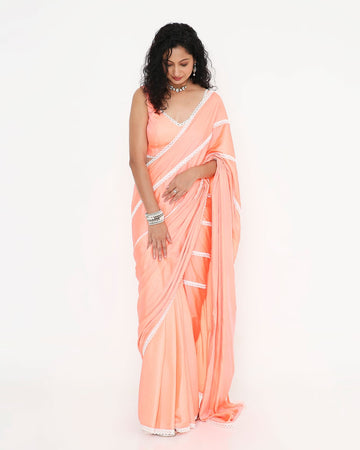 Peach Lace-Trim Ready-to-Wear Saree