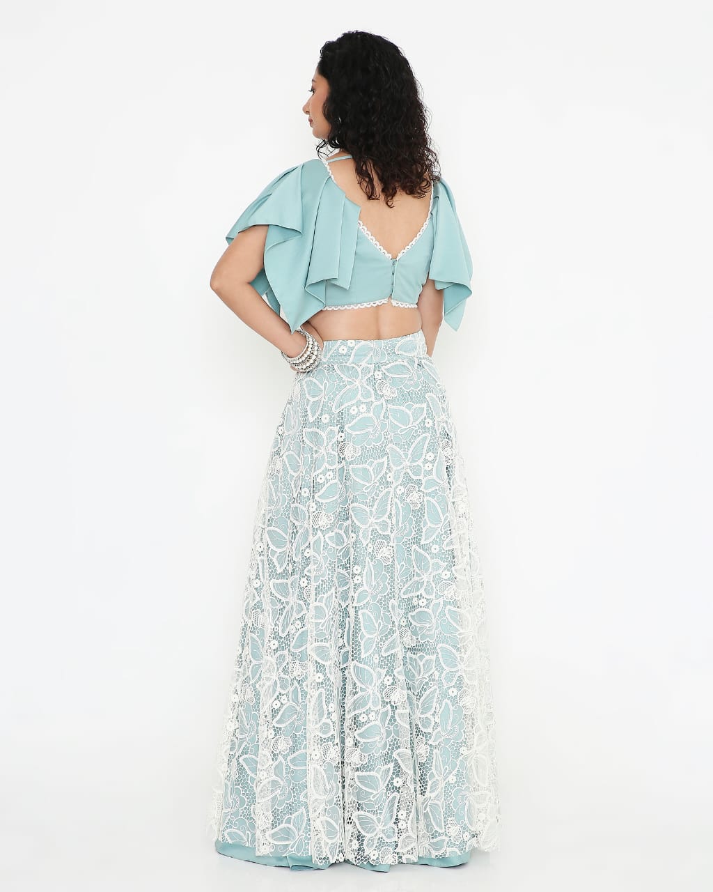 Dusty Blue Lace Flutter-Sleeve Co-ord Set