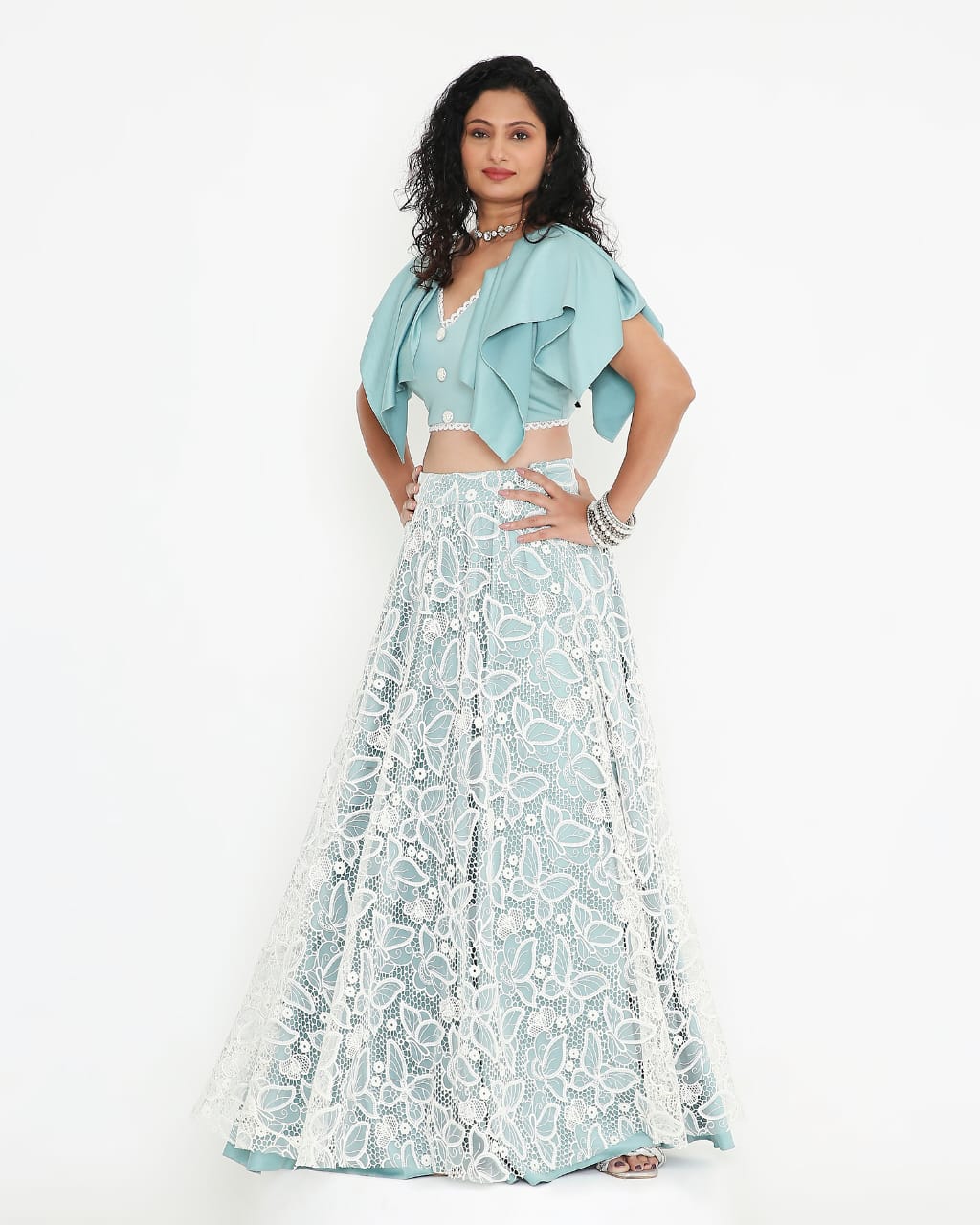 Dusty Blue Lace Flutter-Sleeve Co-ord Set