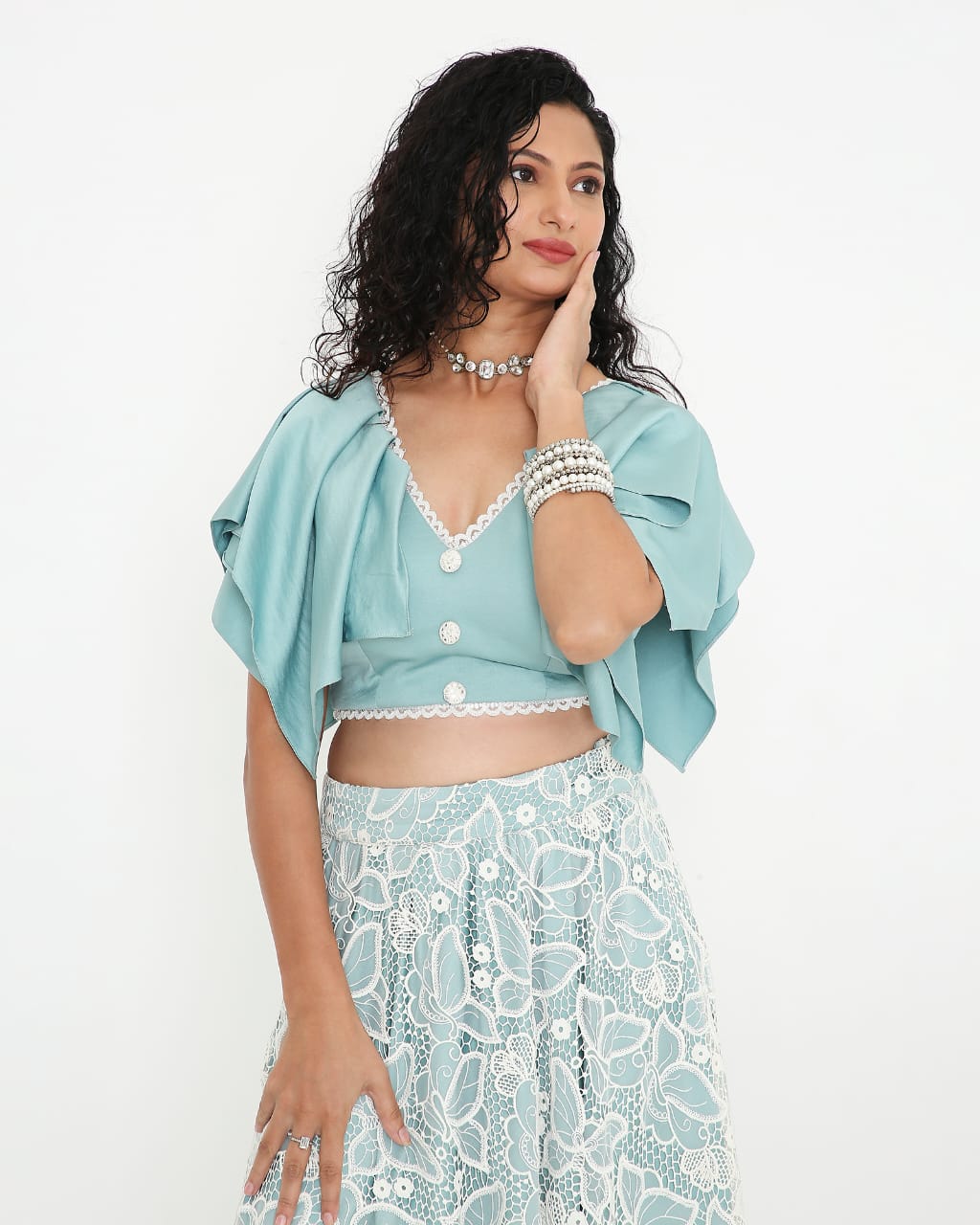 Dusty Blue Lace Flutter-Sleeve Co-ord Set