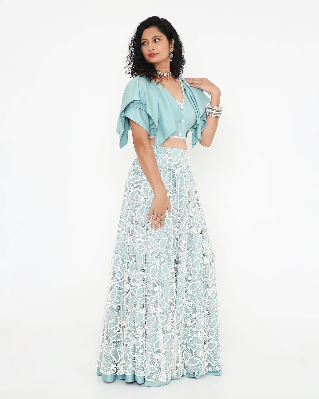 Dusty Blue Lace Flutter-Sleeve Co-ord Set