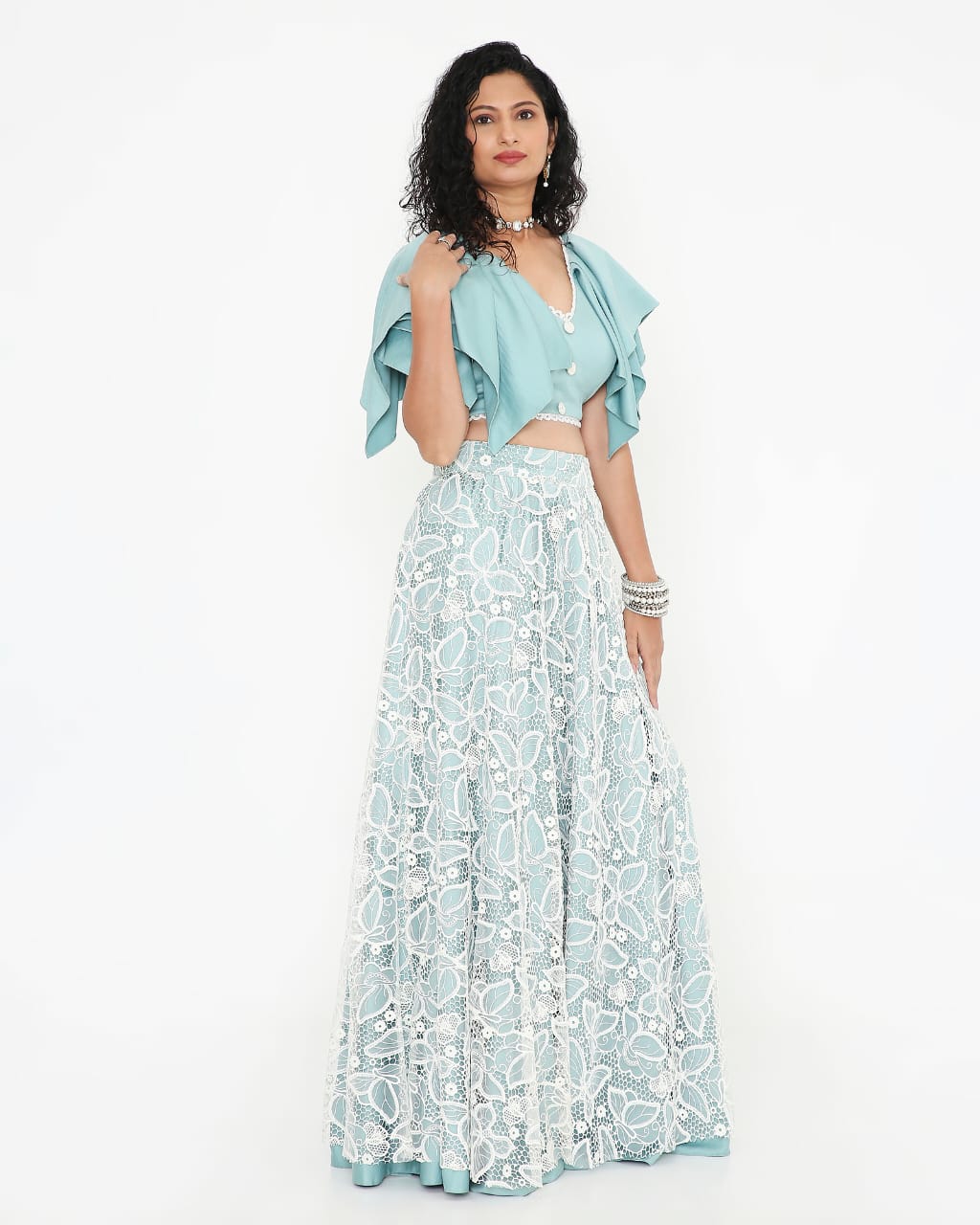 Dusty Blue Lace Flutter-Sleeve Co-ord Set