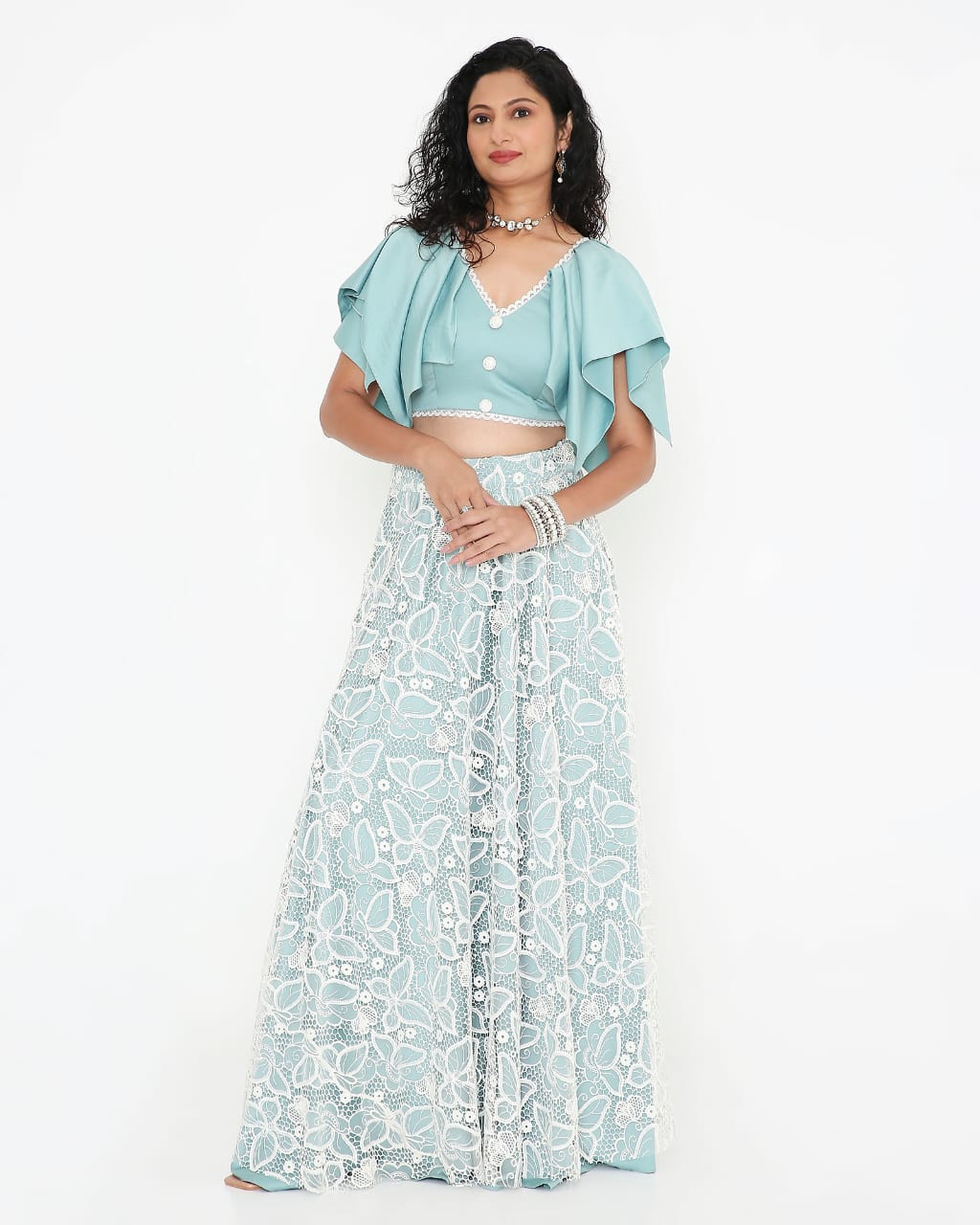 Dusty Blue Lace Flutter-Sleeve Co-ord Set