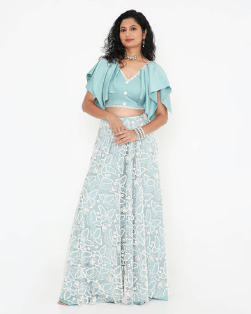 Dusty Blue Lace Flutter-Sleeve Co-ord Set