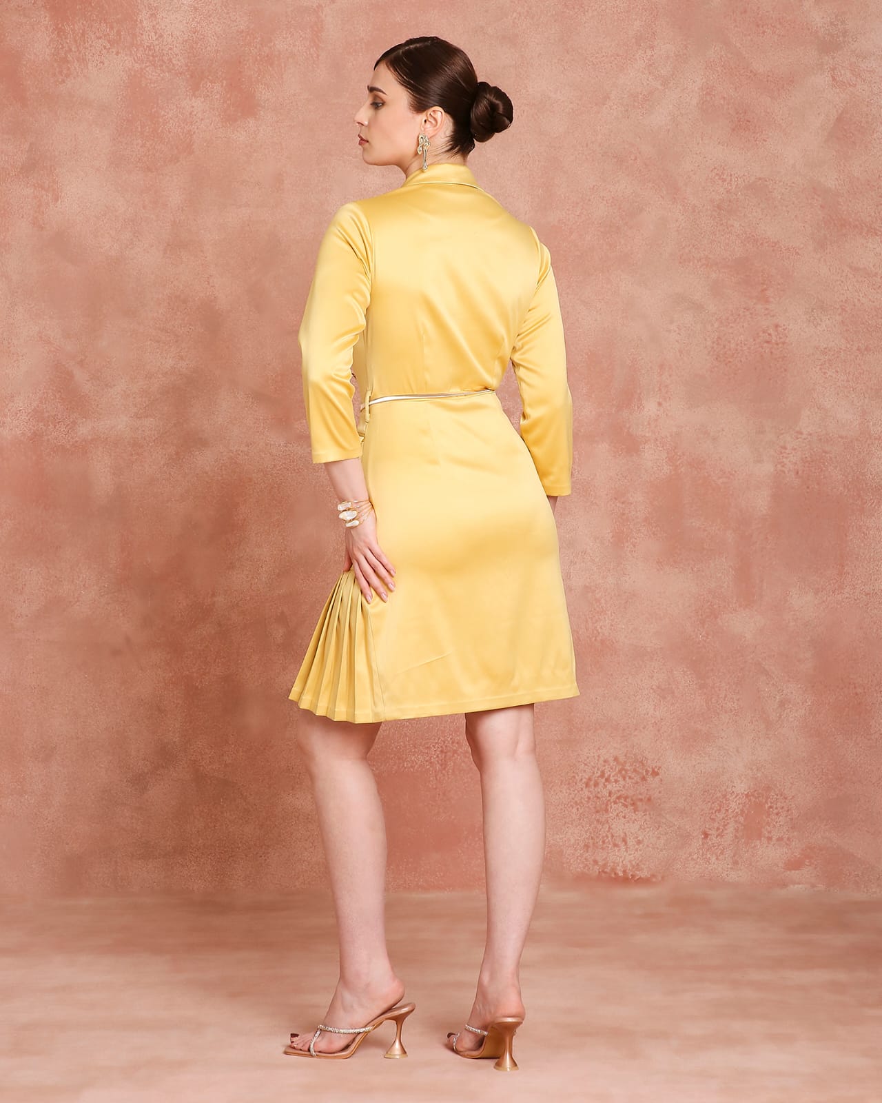Mustard Yellow Satin Tailored Wrap Dress