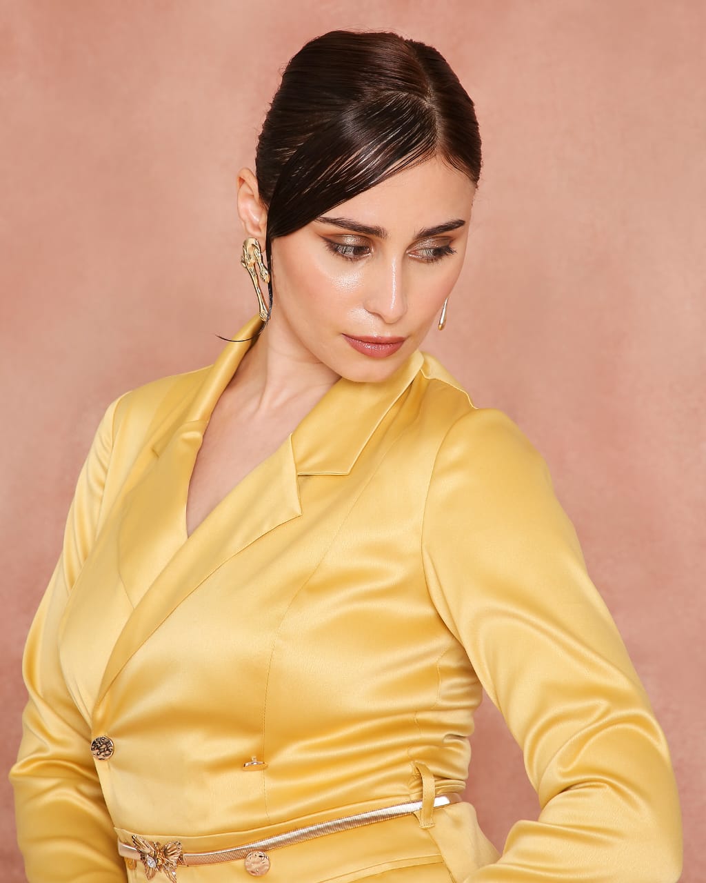 Mustard Yellow Satin Tailored Wrap Dress