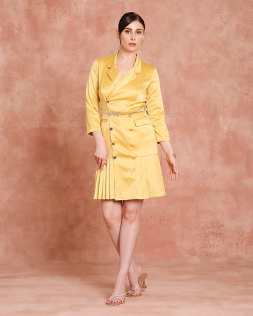 Mustard Yellow Satin Tailored Wrap Dress