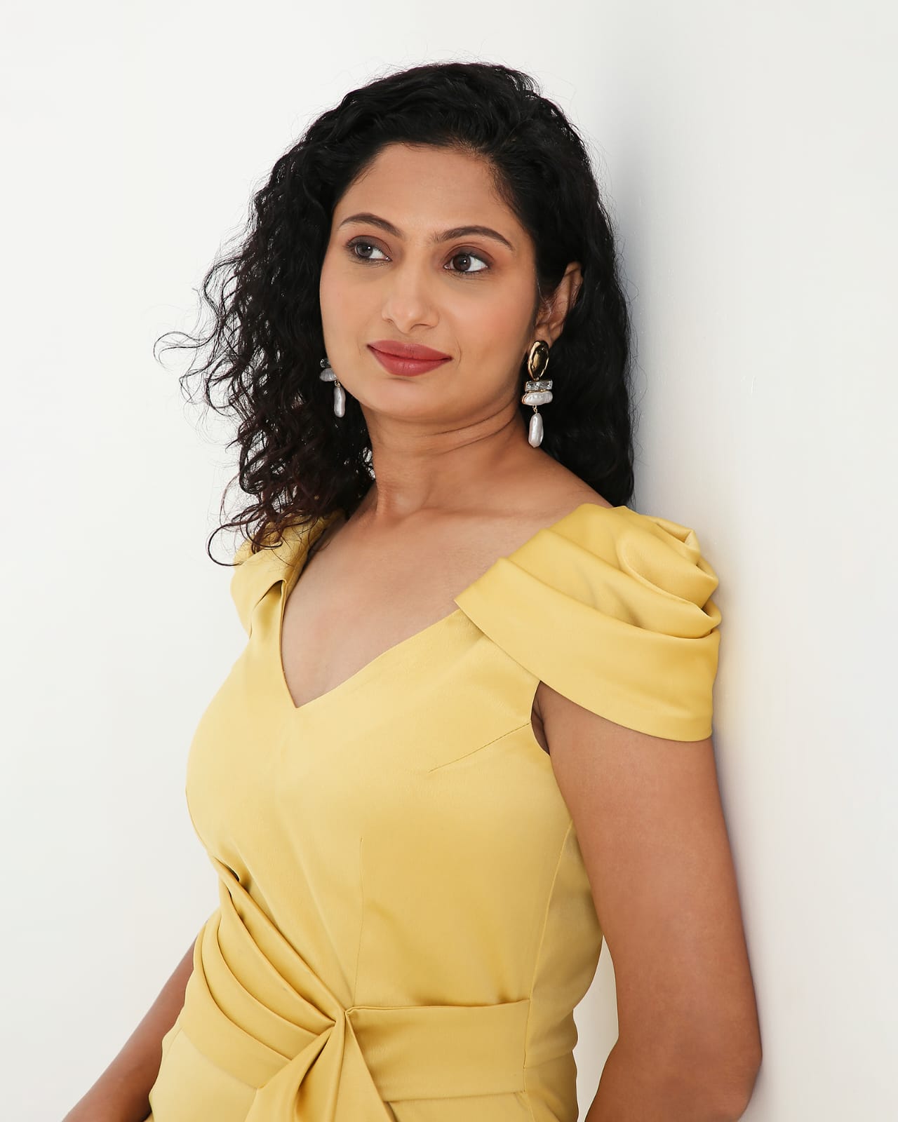 Pastel Yellow Satin Crystal Waist-Tie Midi Dress
