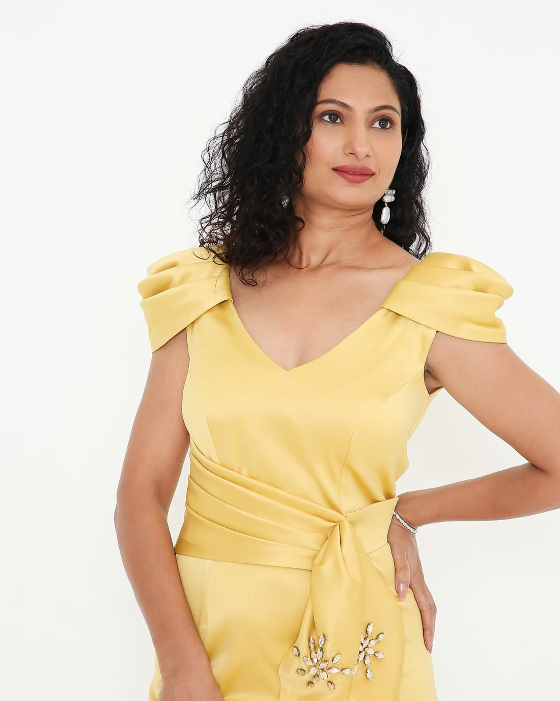 Pastel Yellow Satin Crystal Waist-Tie Midi Dress