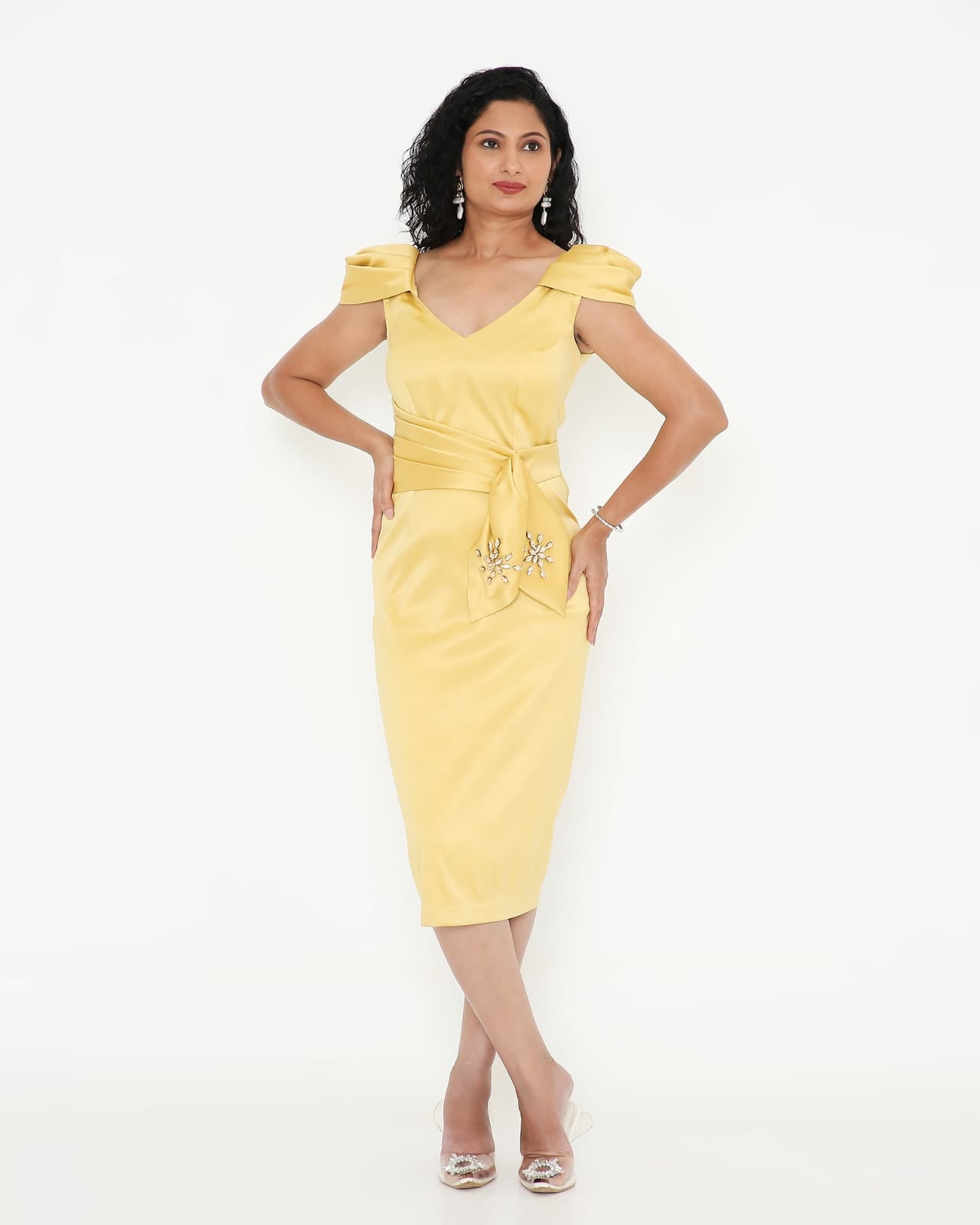 Pastel Yellow Satin Crystal Waist-Tie Midi Dress