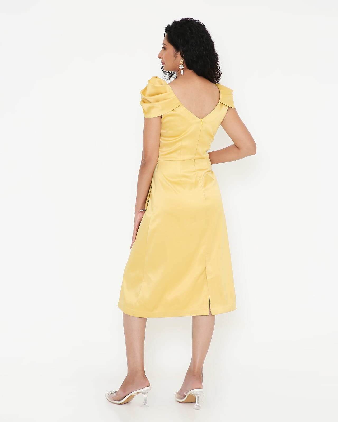 Pastel Yellow Satin Crystal Waist-Tie Midi Dress