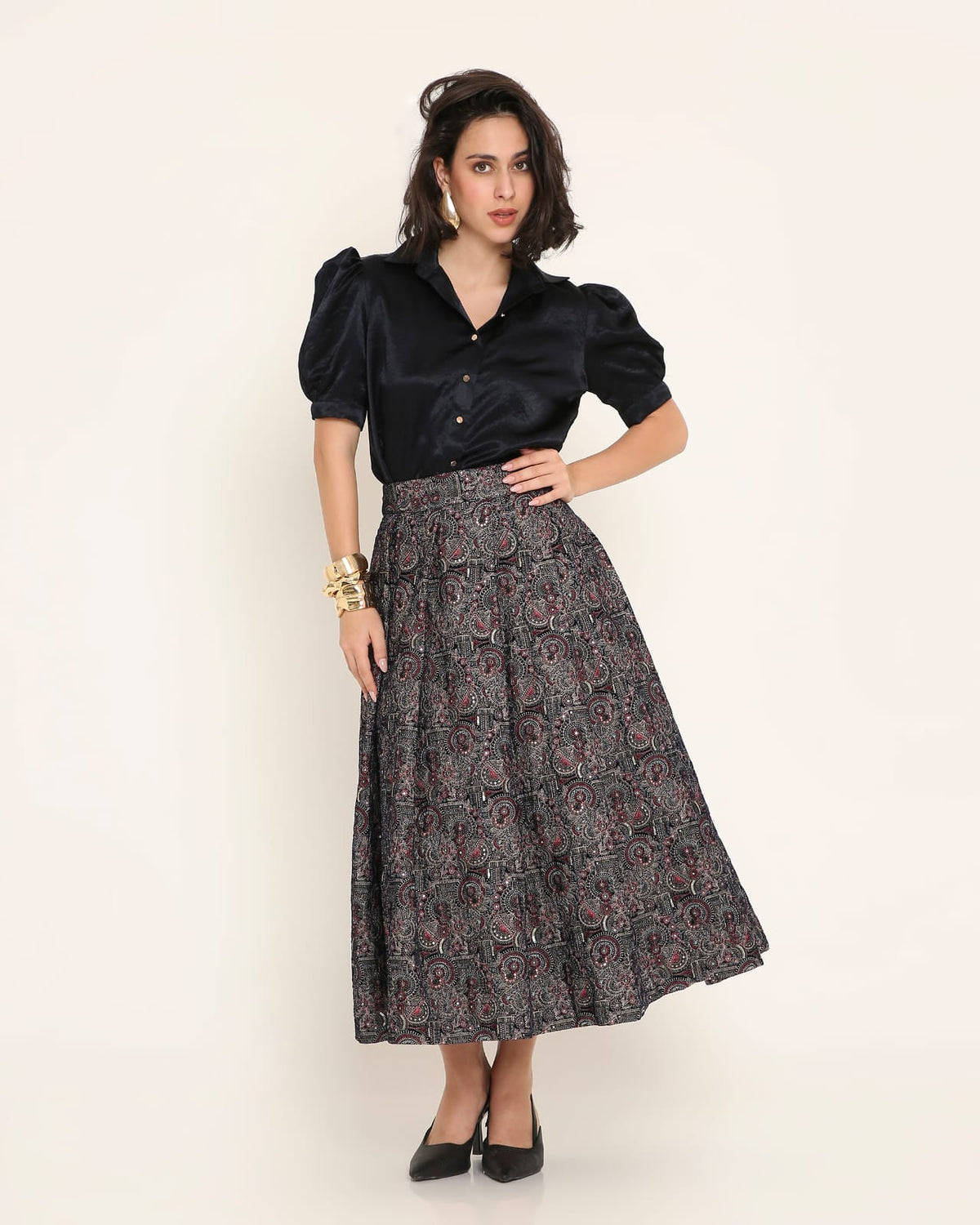 Black Satin Puff-Sleeve Fusion Co-ord Set