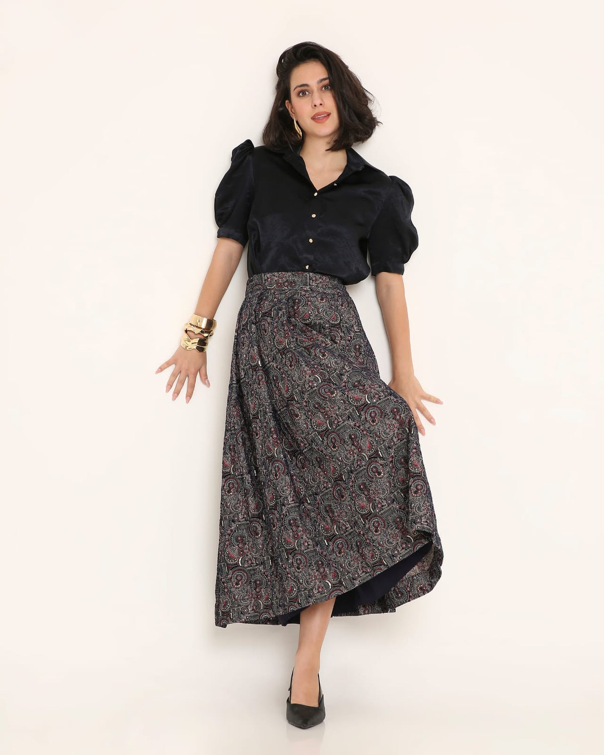 Black Satin Puff-Sleeve Fusion Co-ord Set