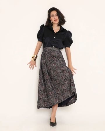 Black Satin Puff-Sleeve Fusion Co-ord Set