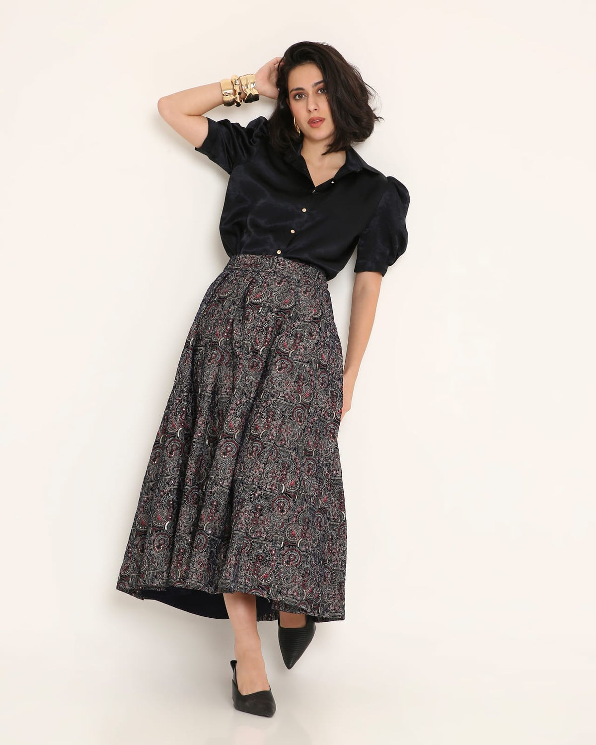 Black Satin Puff-Sleeve Fusion Co-ord Set