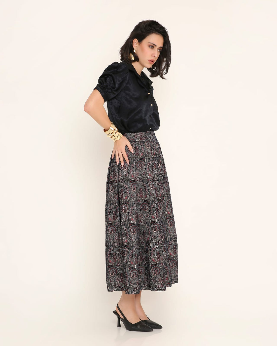 Black Satin Puff-Sleeve Fusion Co-ord Set