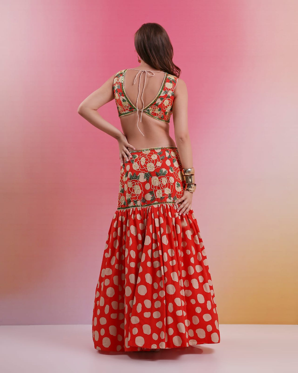 Scarlet Bloom Embroidered Fusion Skirt Set