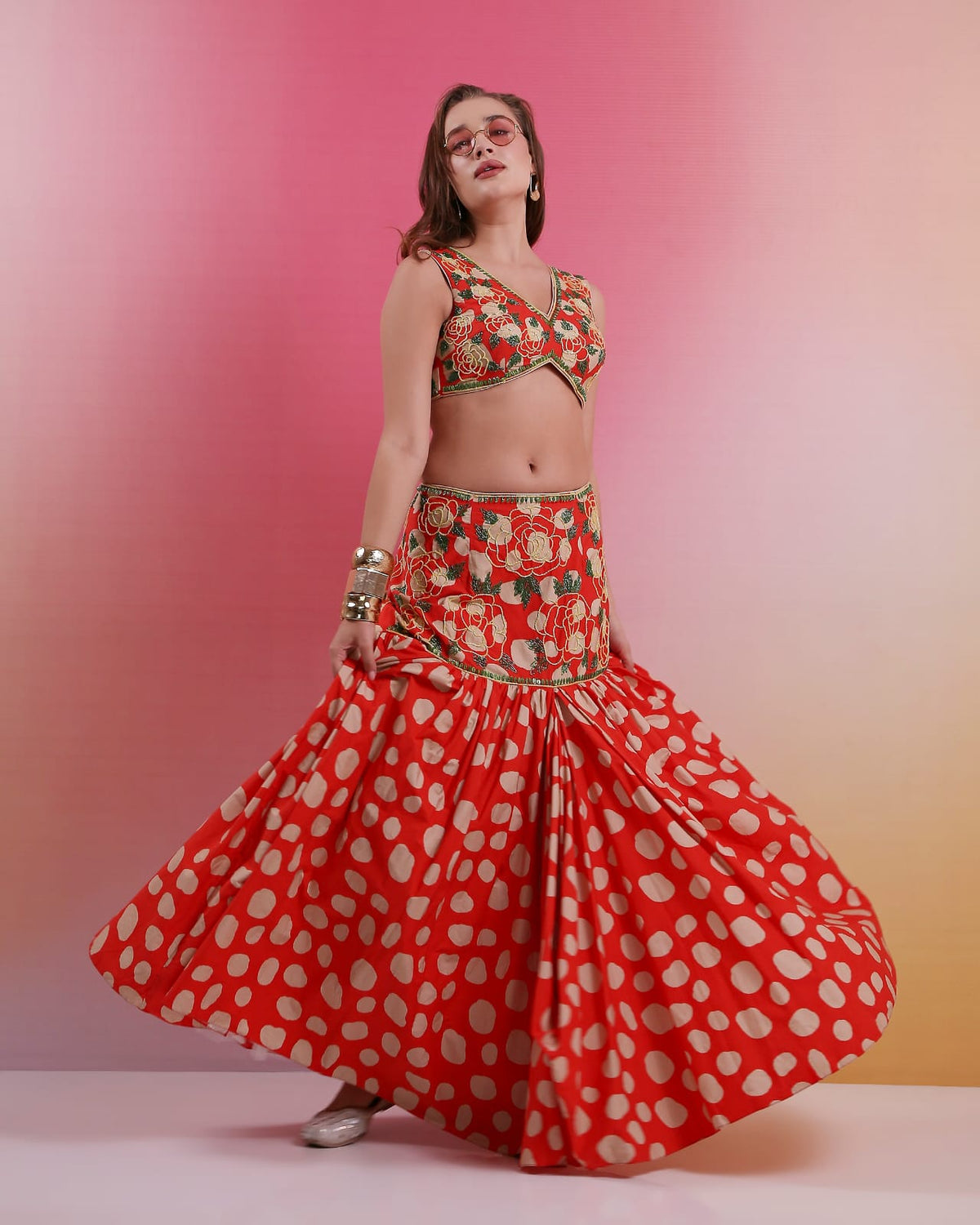 Scarlet Bloom Embroidered Fusion Skirt Set