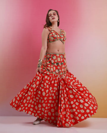 Scarlet Bloom Embroidered Fusion Skirt Set