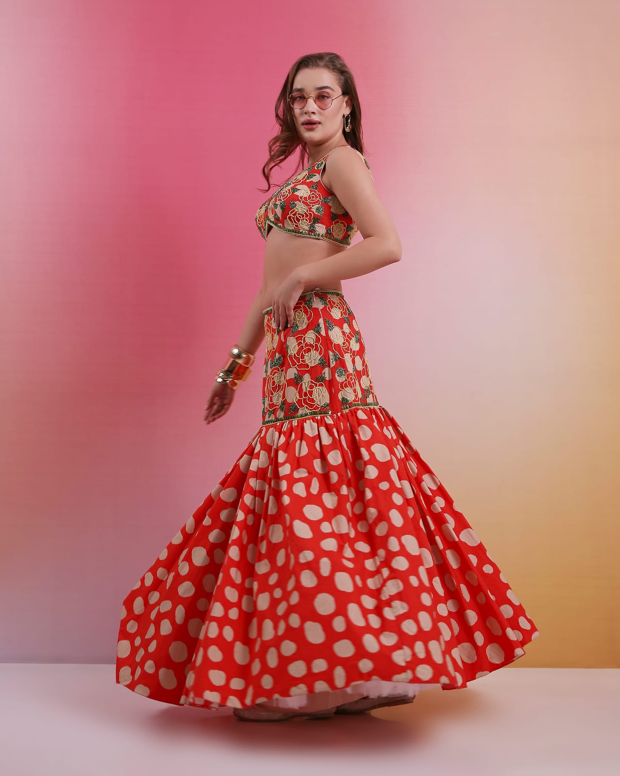 Scarlet Bloom Embroidered Fusion Skirt Set