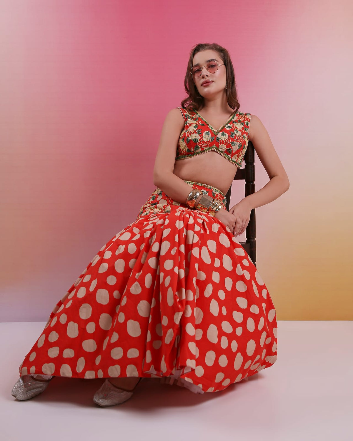 Scarlet Bloom Embroidered Fusion Skirt Set