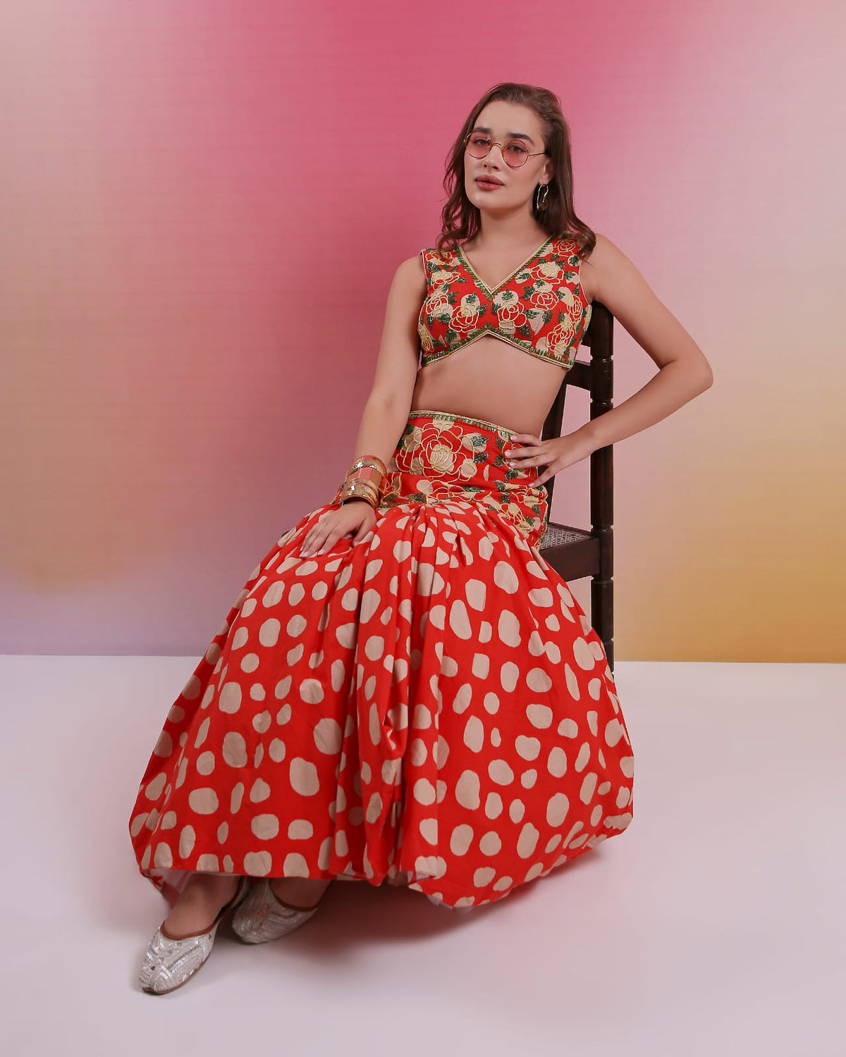 Scarlet Bloom Embroidered Fusion Skirt Set