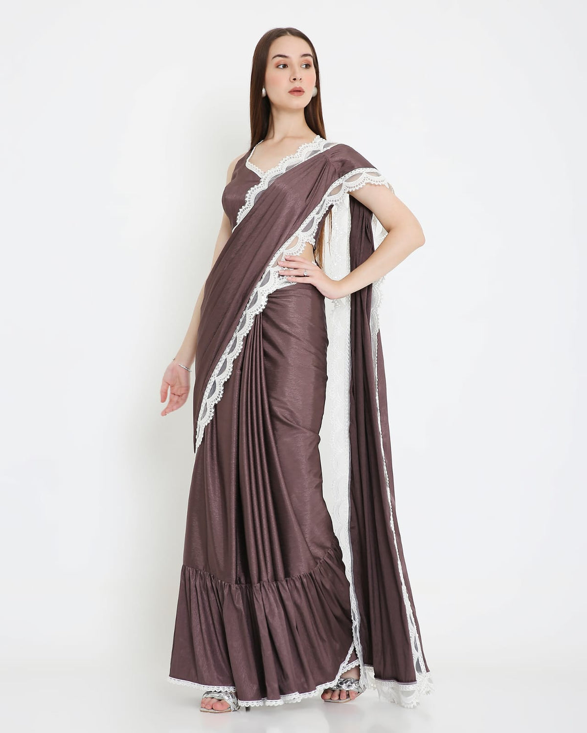 Chocolate Brown Lace-Trim Ready-to-Wear Saree