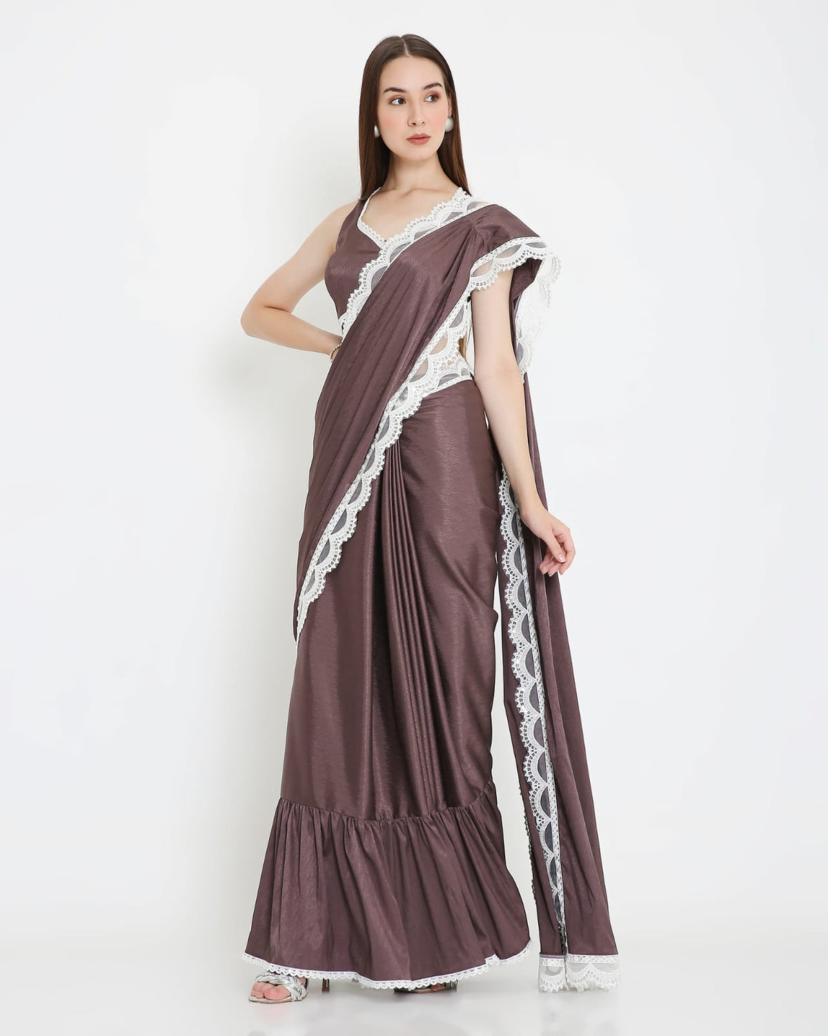 Chocolate Brown Lace-Trim Ready-to-Wear Saree