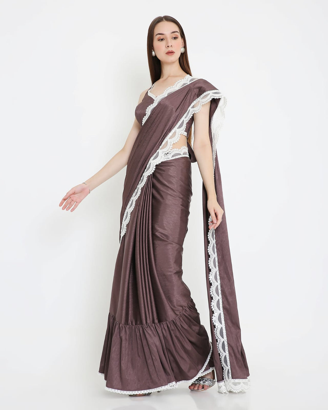 Chocolate Brown Lace-Trim Ready-to-Wear Saree