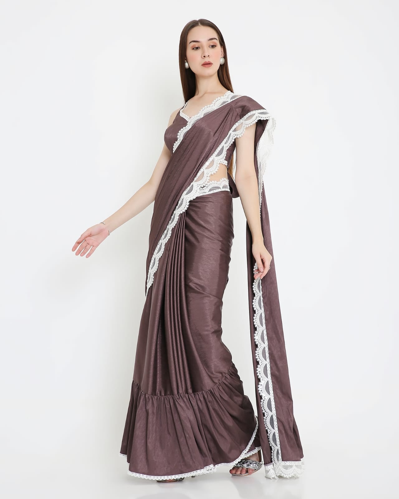 Chocolate Brown Lace-Trim Ready-to-Wear Saree