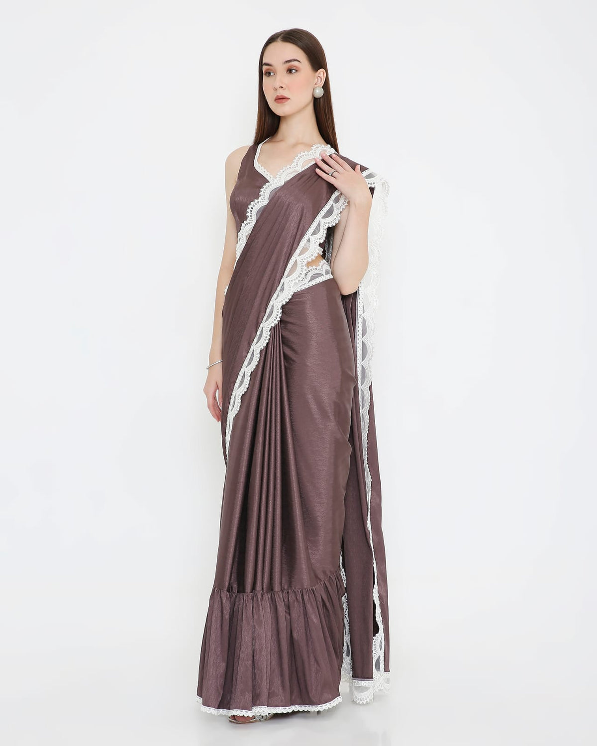 Chocolate Brown Lace-Trim Ready-to-Wear Saree