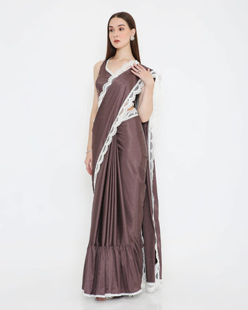 Chocolate Brown Lace-Trim Ready-to-Wear Saree