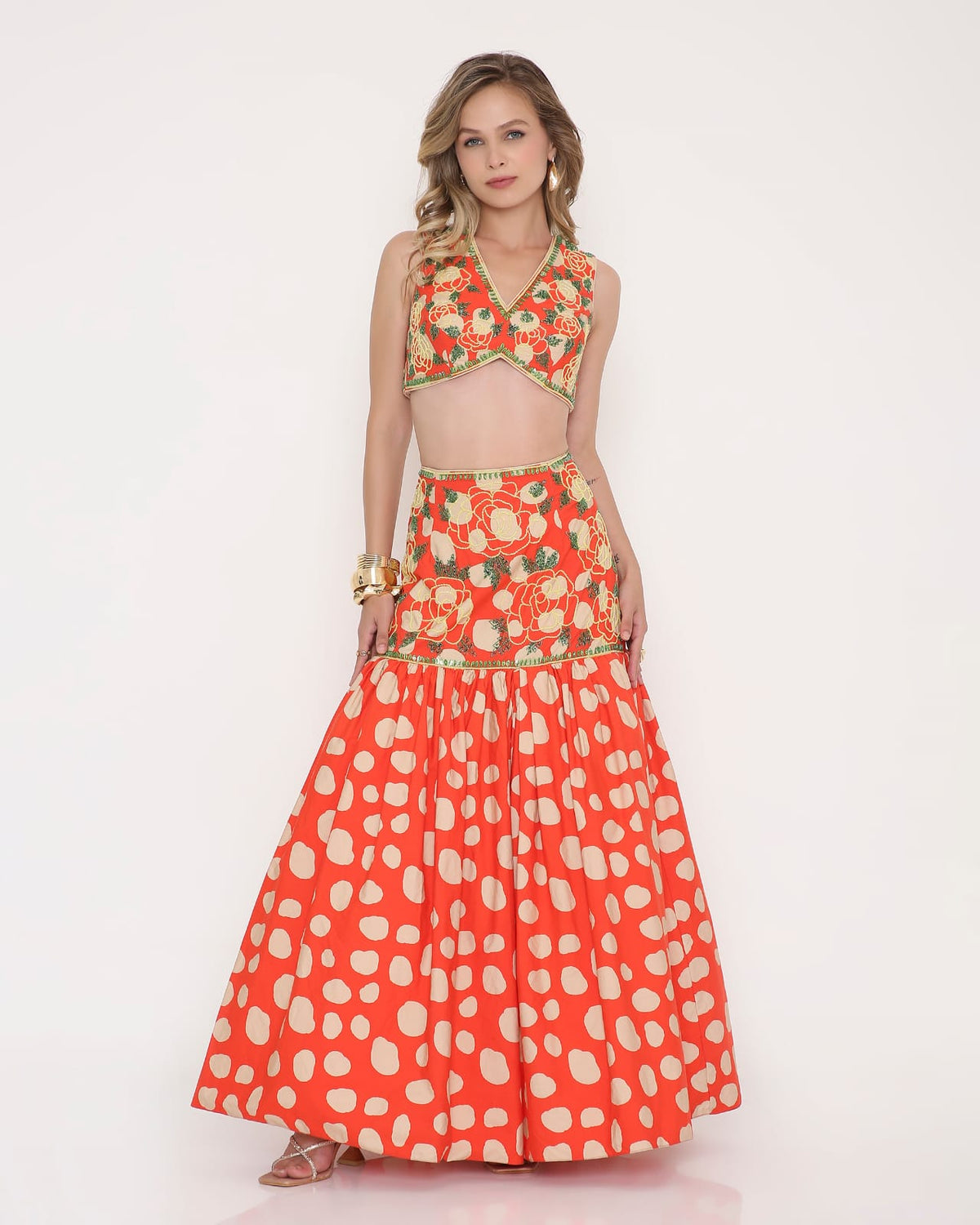 Scarlet Bloom Embroidered Fusion Skirt Set