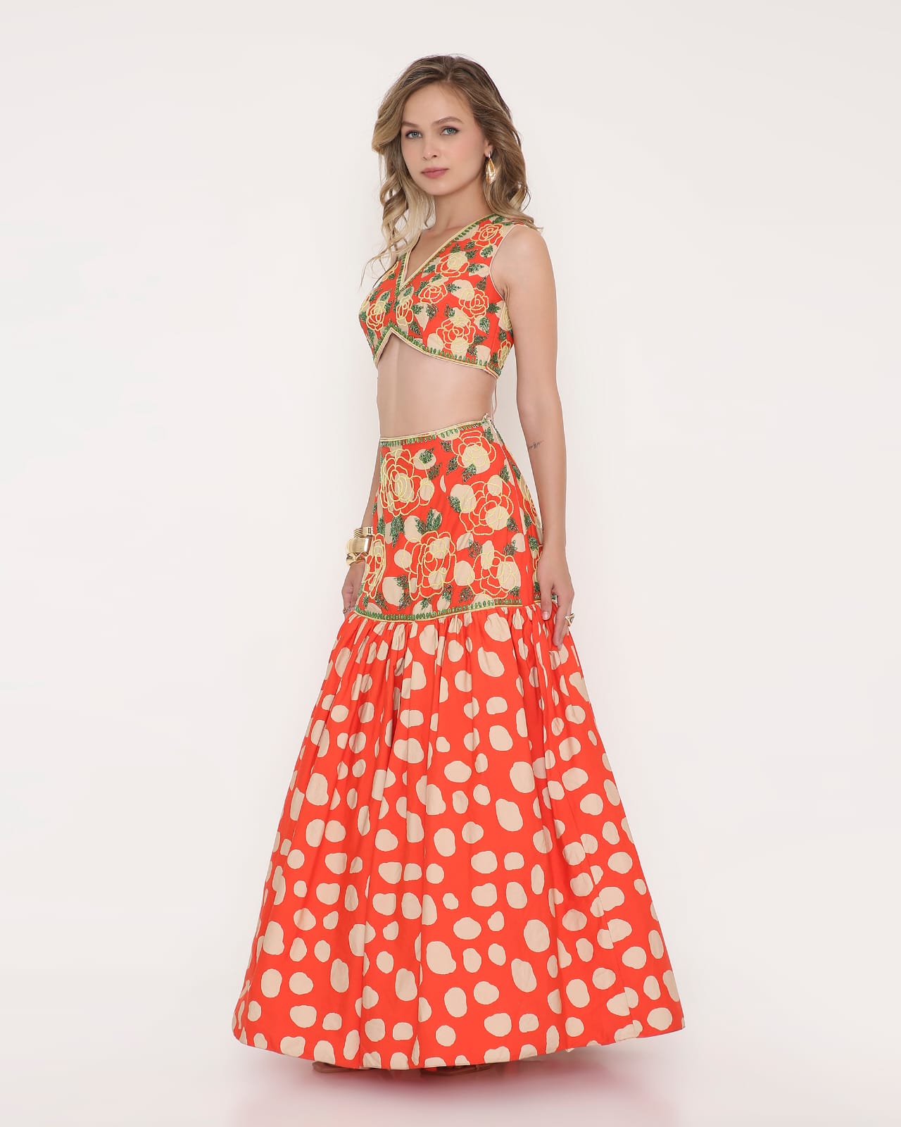Scarlet Bloom Embroidered Fusion Skirt Set