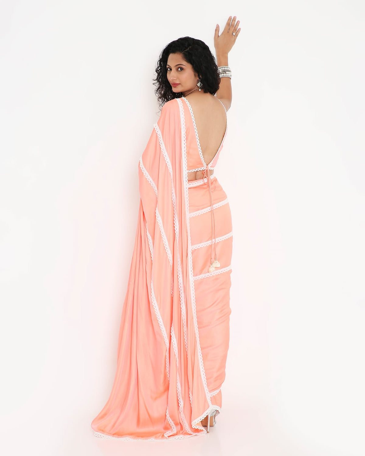 Peach Lace-Trim Ready-to-Wear Saree