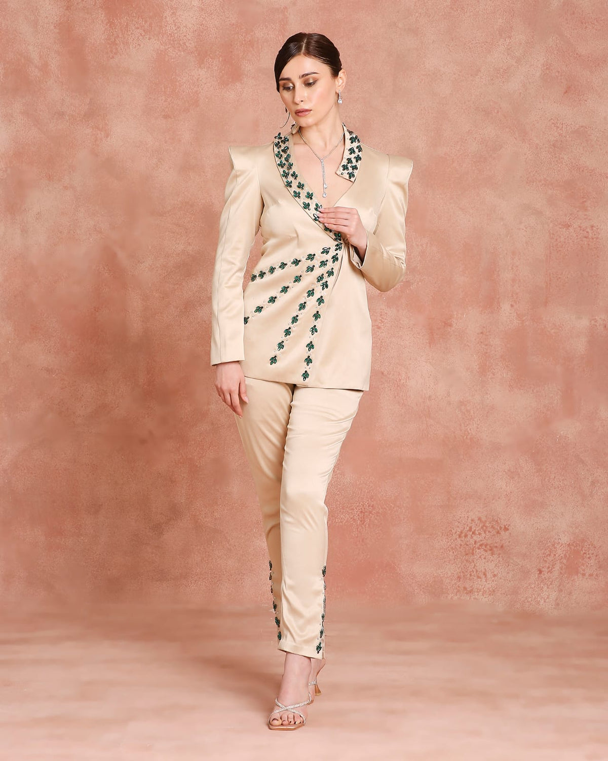 Cream Embroidered Pant Suit