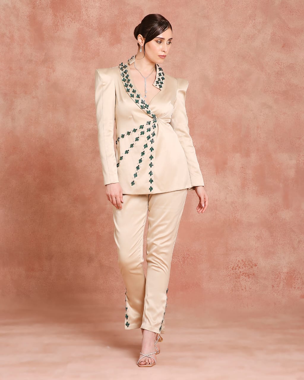 Cream Embroidered Pant Suit